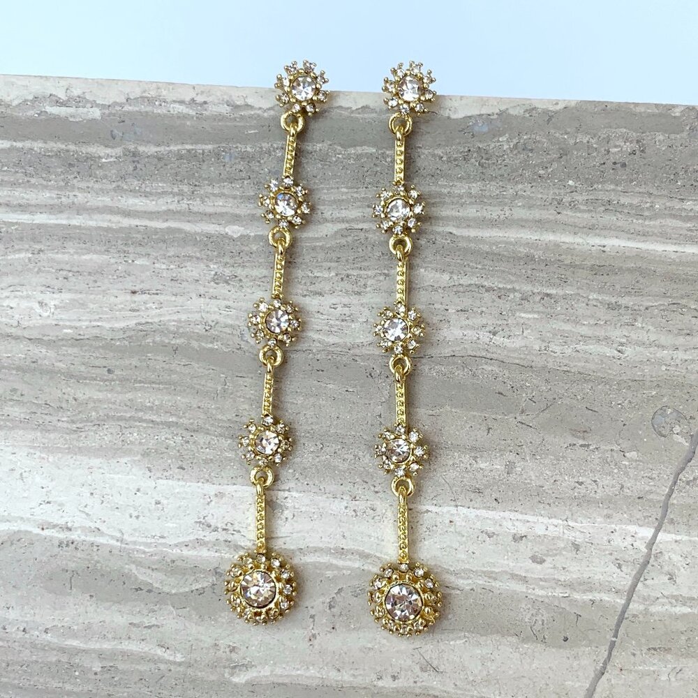 NEW~ Anthropologie Graduated Long Crystal Drop Gold Earrings - Picture 2 of 11